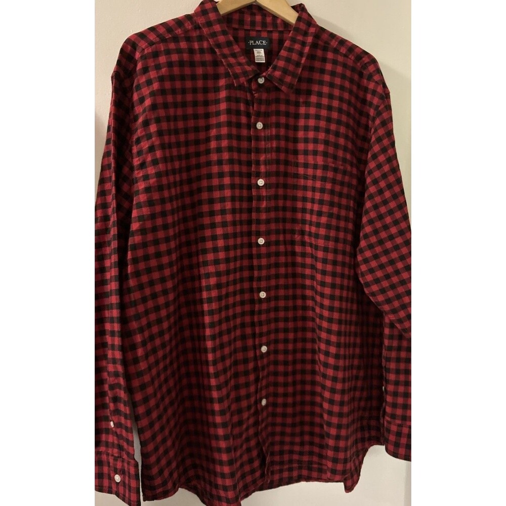 Place Men Button Up Shirt Red Black Size 2XL/TTG Cotton Check Long Sleeve NEW